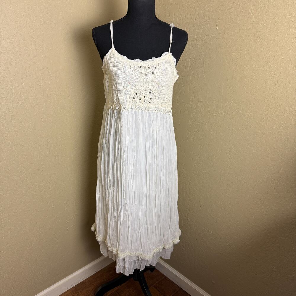 Papillon Los Angeles White Crochet Beaded Boho Fairycore Midi Dress M
